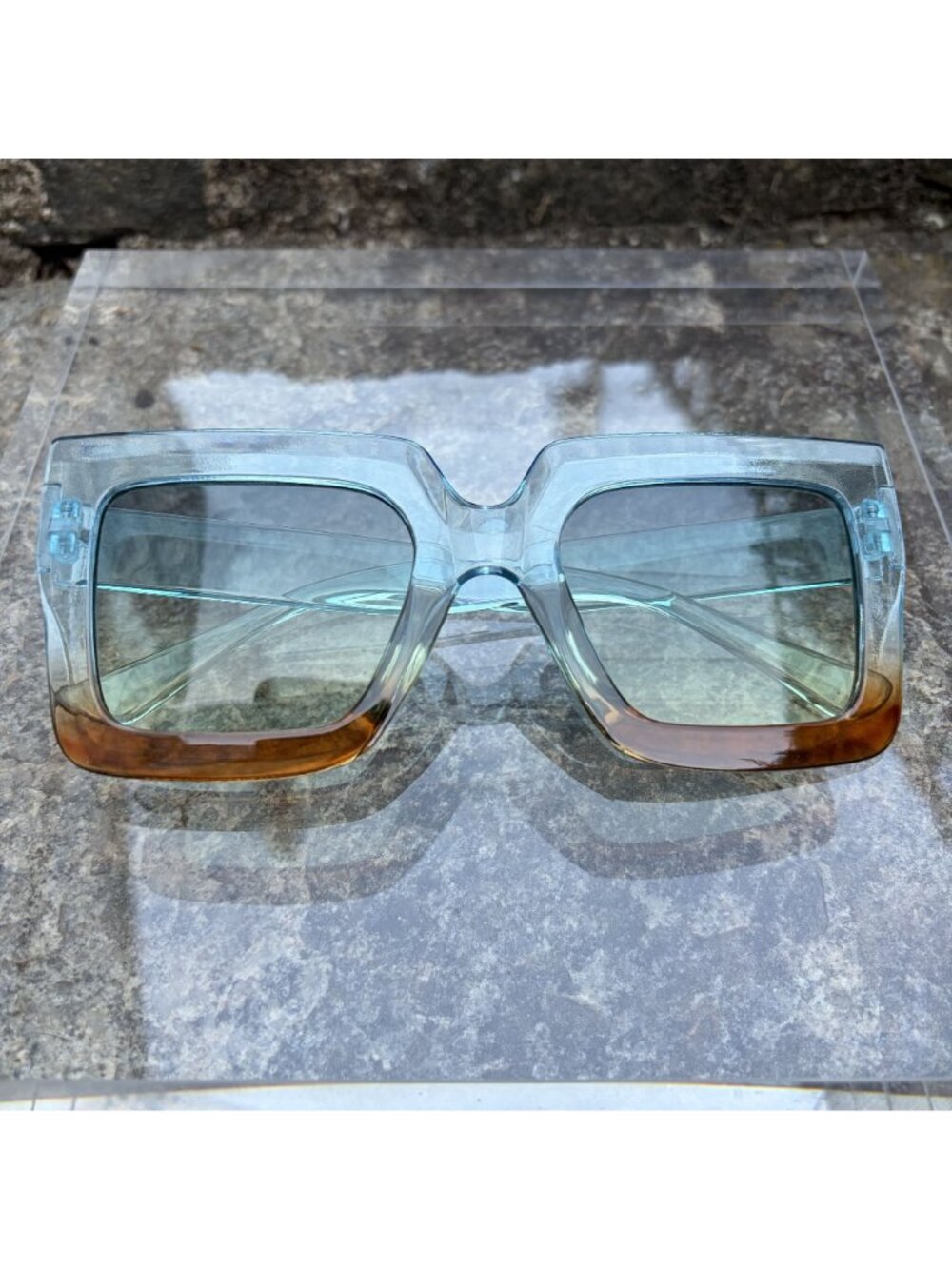 Oversized Square Gradient Sunglasses Blue Amber Ombre Retro Festival Sunnies - Picture 5 of 16
